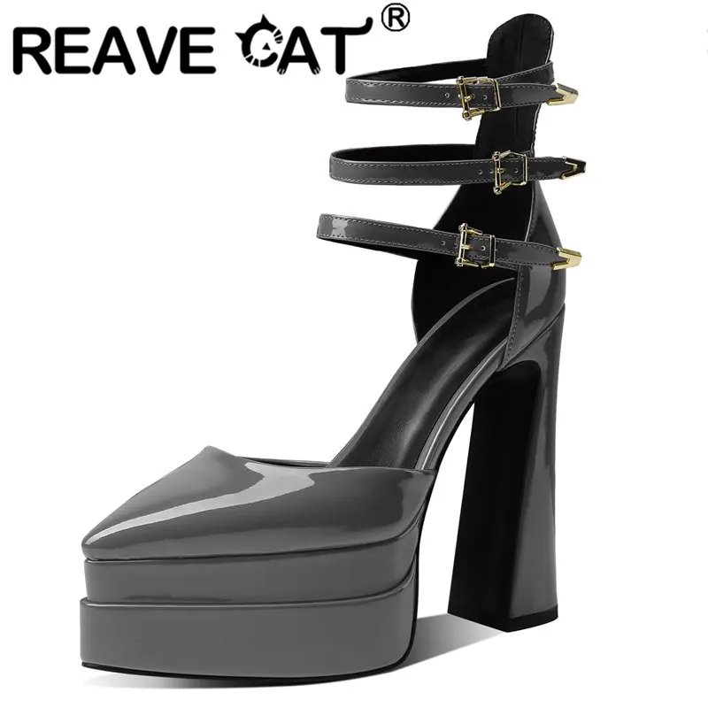 

Женские босоножки из лакированной кожи REAVE CAT, праздничные однотонные вечерние Фли больших размеров 35-43 с заостренным носком и ремешком с пр...