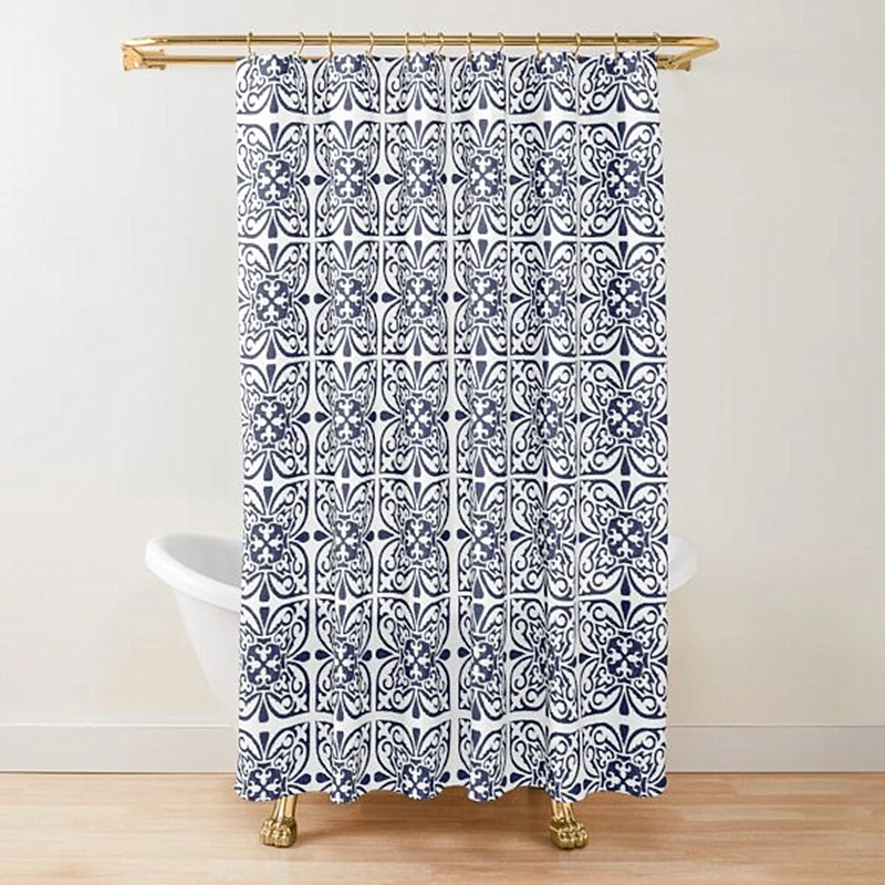 

Moroccan Trellis Lattice Pattern Shower Curtain Indigo Navy Blue White Vintage Geometric Waterproof Bathroom Curtains with Hooks