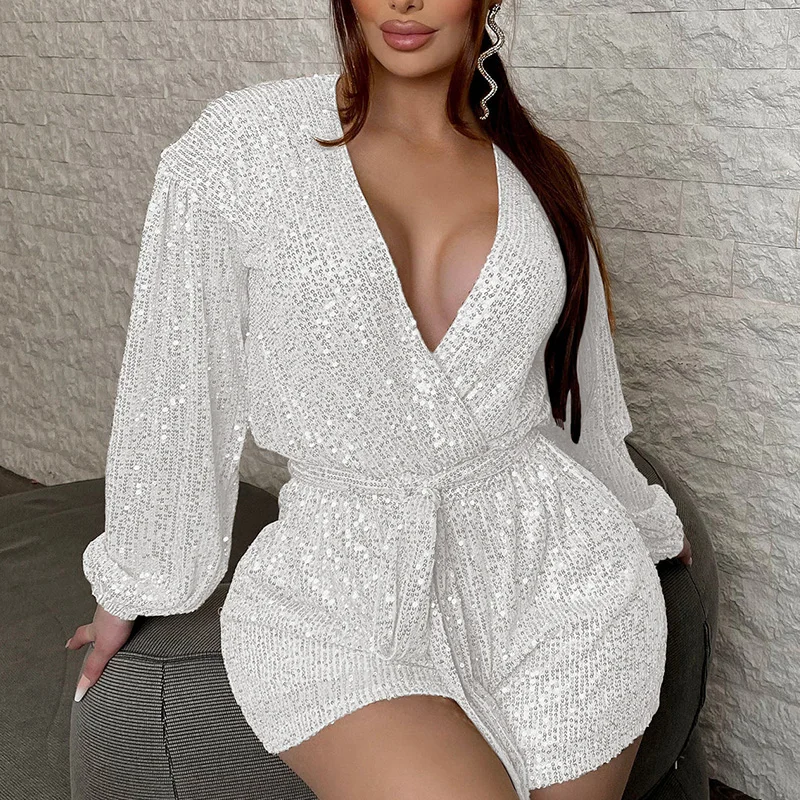 Sexy Glitter Sequin Rompers Womens Jumpsuit Shorts Lantern Sleeve V-neck Party Club Overalls Night Out Fitted Bodycon Playsuits