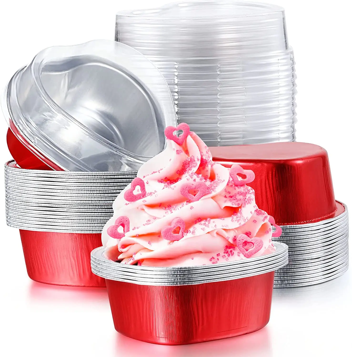

mini aluminum foil cake pan with clear lids 55 ml 1.86 oz heart shaped foil cupcake cups disposable aluminum dessert baking cups