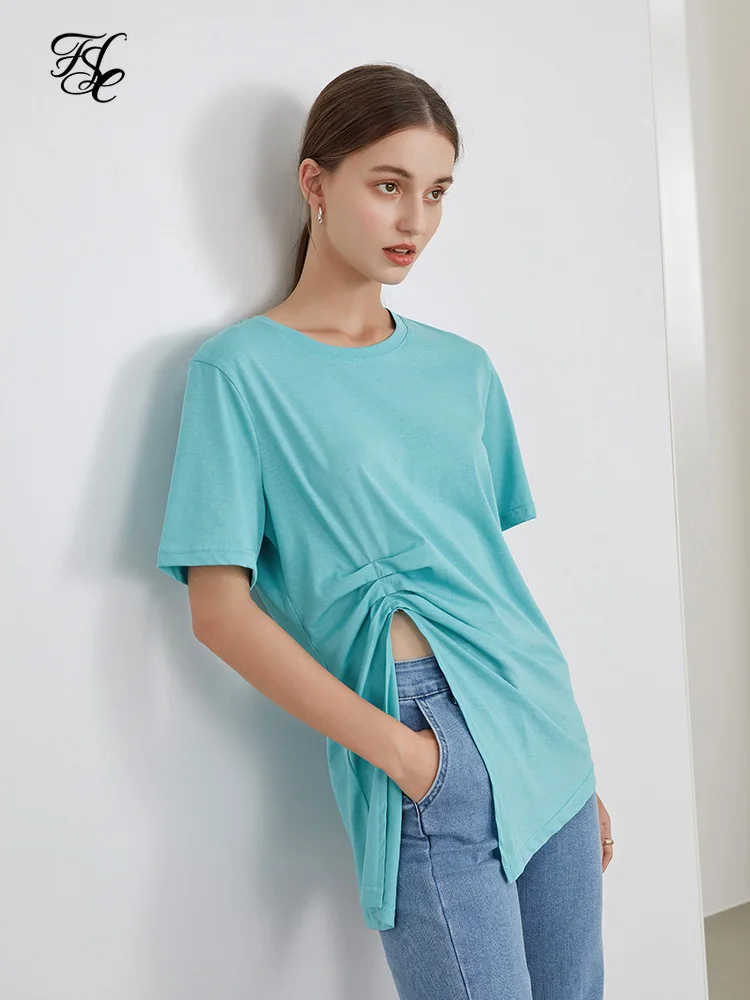 

FANSILANEN Office Lady Short-sleeved Split Blue T-shirt Female Summer 2021 Loose Thin Section Simple Niche Chic Tops For Women
