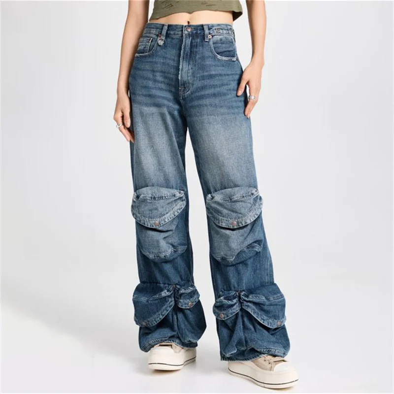 

Женские винтажные джинсы с множеством карманов, моющиеся брюки-карго с украшением, модные джинсовые брюки из чистого хлопка в Корейском сти...