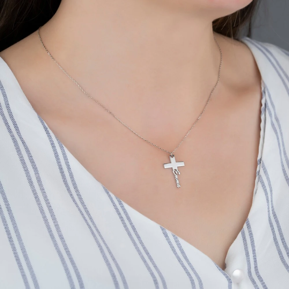 Custom Name Necklace Pendant Cross Stainless Steel Cut Personalized Christian Nameplate Jewelry Women's Mother's Day Gift