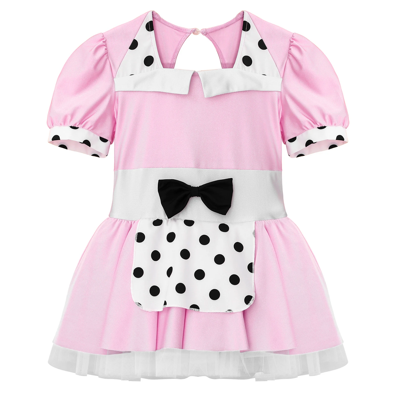 Kids Girls Stylish Clothing Short Sleeve Patchwork Style Polka Dots Print Bowknot Decorated Tutu Mesh Dance Dress