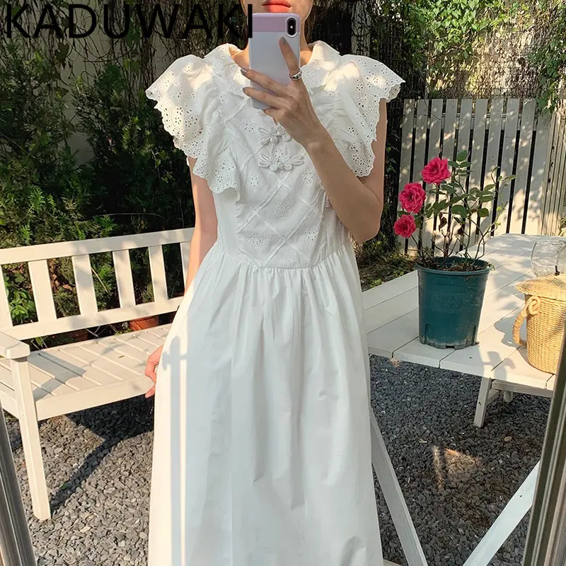 Women Sweet Maxi Long A-Line Dress Female 2023 Summer White Solid Disc Buckle Vestidos Lace Sleeveless Elegant Party Dress