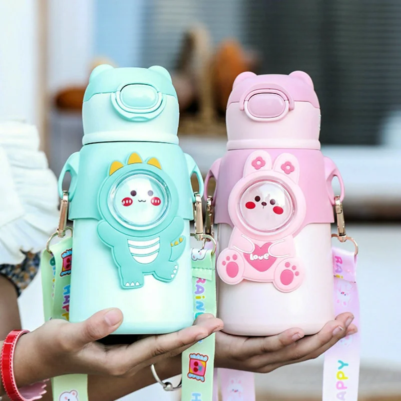 

520 ML Kawaii Kids Thermos Water Bottle With Straw Strap For Girls Student Large Capacity Travel Sport Insulation Cup BPA Free
