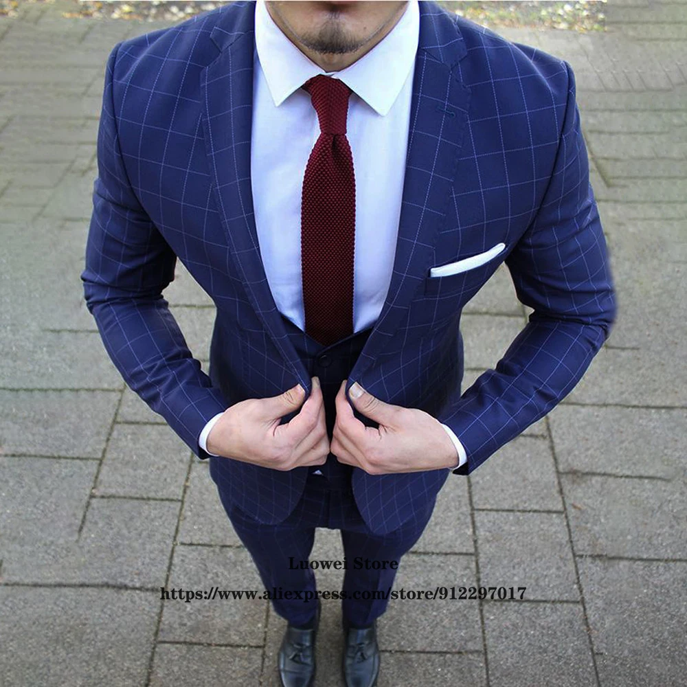 Fashion Plaid Suits For Men Slim Fit 3 Piece Jacket Vest Pants Set Formal Groom Wedding Peaked Lapel Tuxedo Male Business Blazer