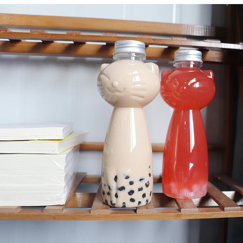 

1pc Transparent Cat Juice Bottle Homemade Juicing Beverage PET Bottle Cold Drink Milk Tea Juice Sealed Cap Cold Drink Bottle