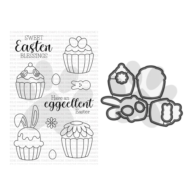 

New 2023 Eggcellent Cupcakes Happy Easter Clear Stamps Set Scrapbooking for Paper Making Metal Cutting Dies Frames Card Craft