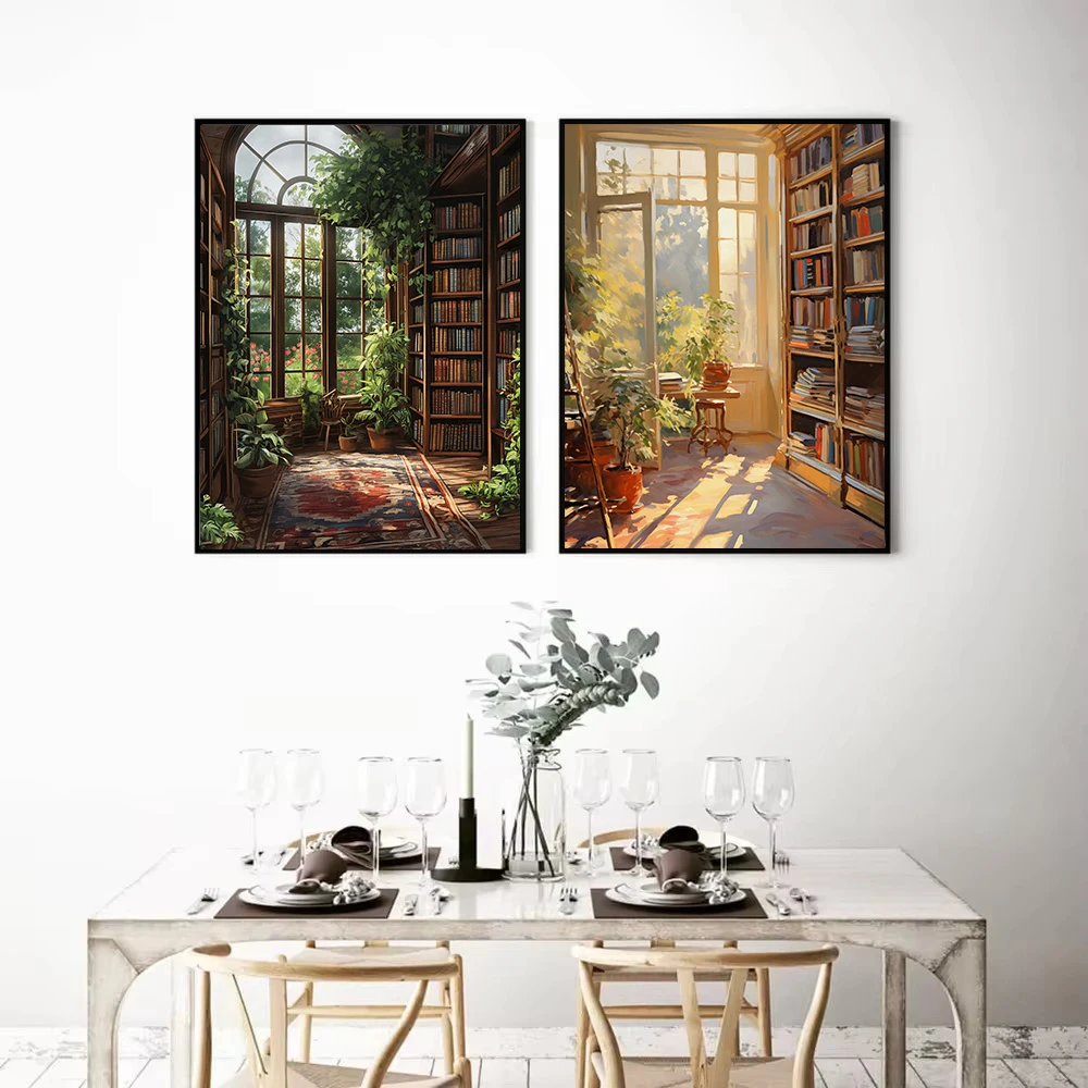 Викторианская винтажная теплица библиотека девушка литература растения постер