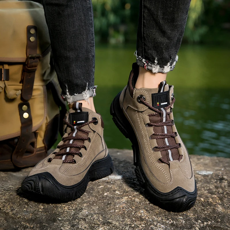 SENAGE Men Hiking Shoes Leather Trekking Boots Outdoor Desert Training Sneakers Sports Running Tactical Suede Casual Shoes