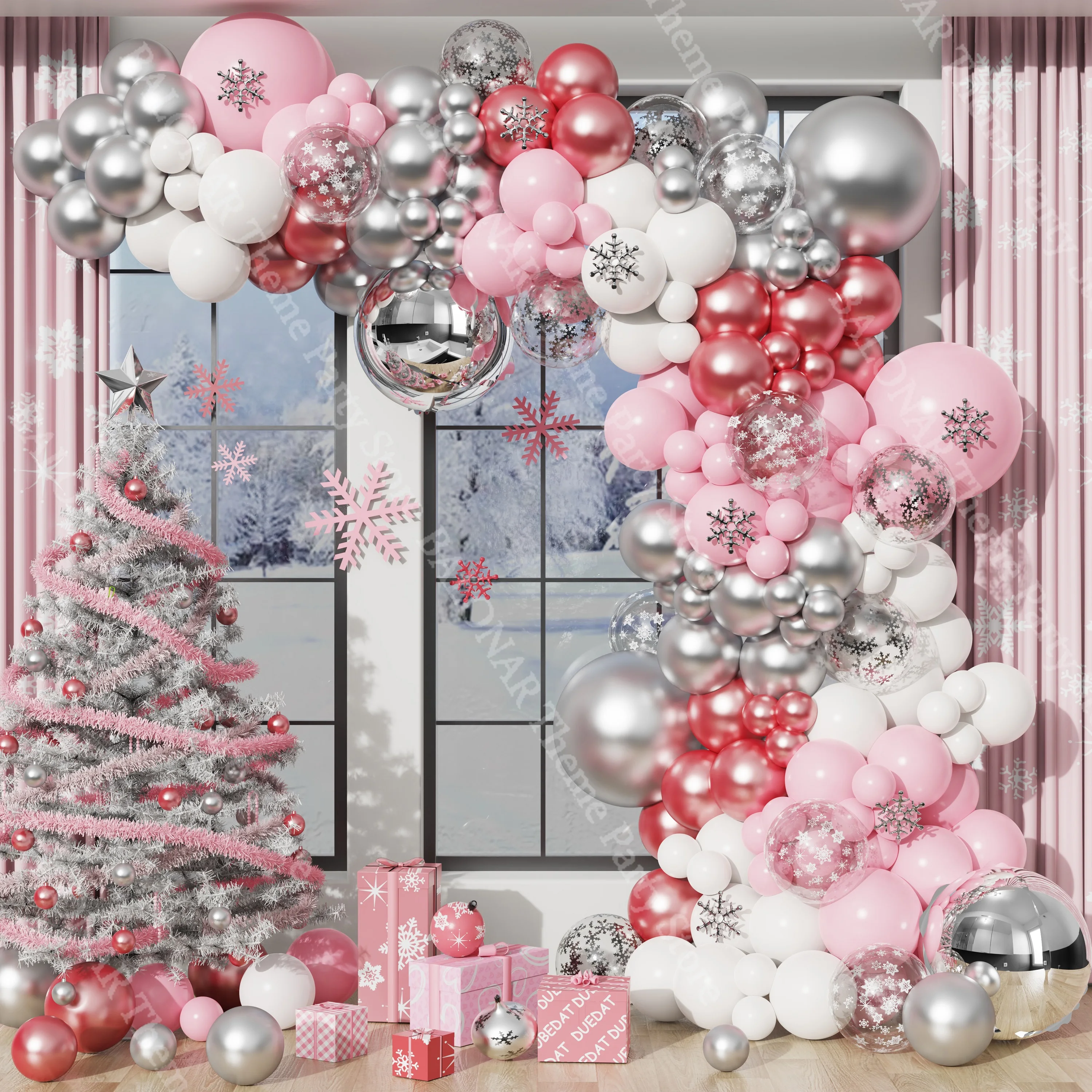 

143pcs Christmas Theme Metallic Silvery Pink White Snowflake Scraps 4D Ball Foil Balloon Garland New Year Party Decoration Suppl