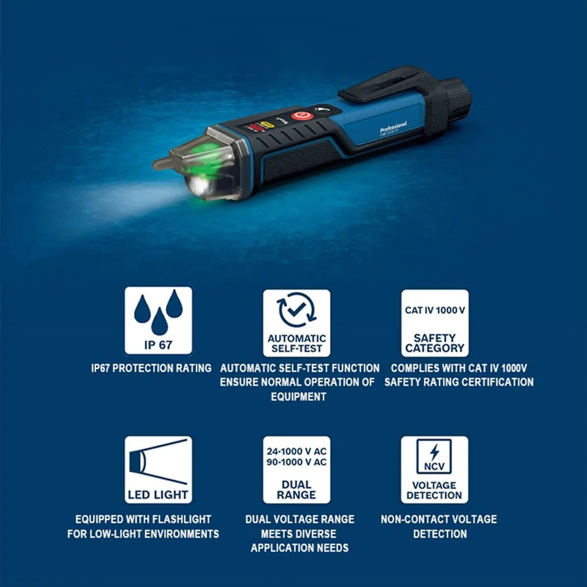 Фото (BABQ) Бесконтактный тестер напряжения BOSCH GVD 1000-17 с функцией самопроверки, класс защиты IP67, двойное напряжение для работы с электродрелью №1