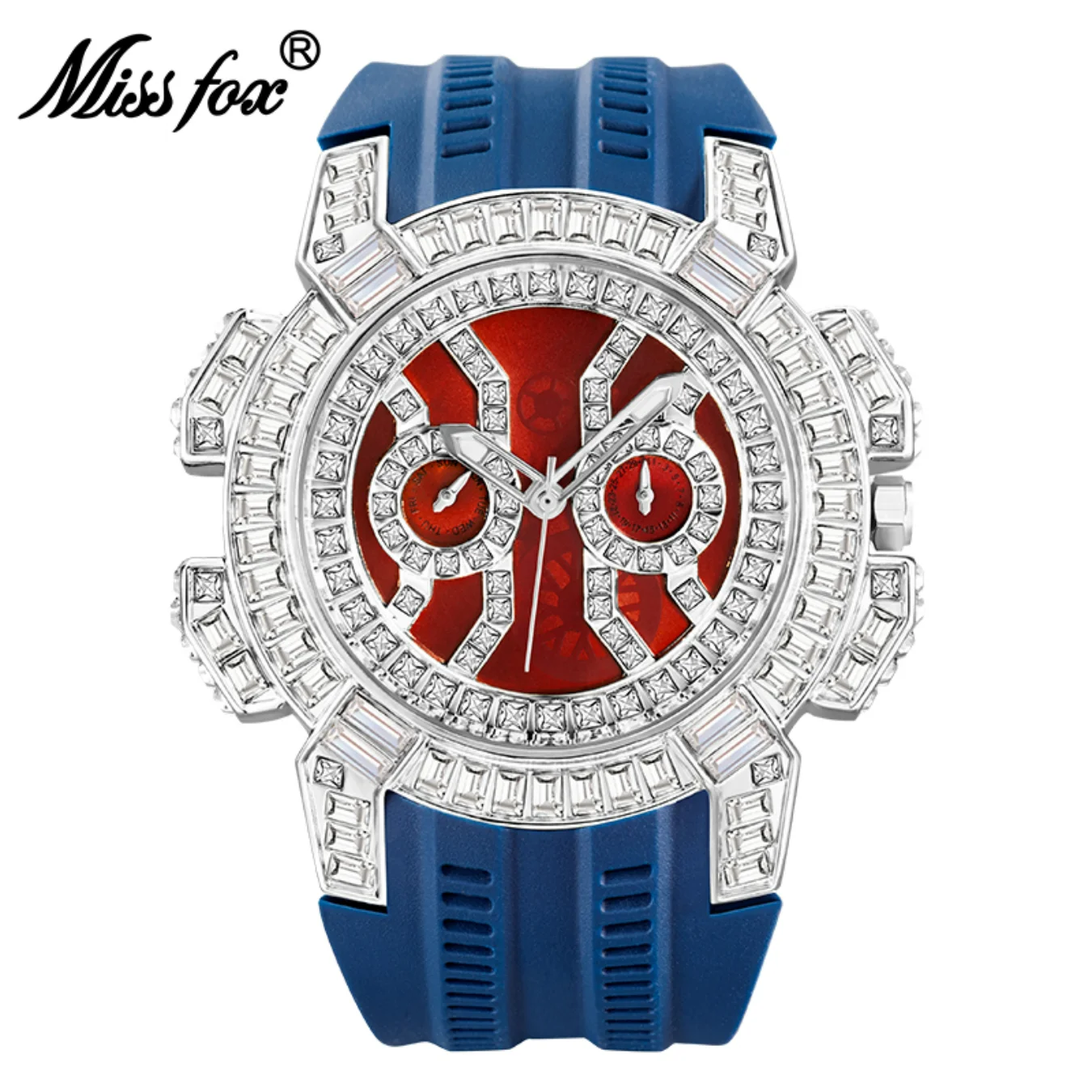 

Moissanite Watch Bezel Big Face Watch For Man Luxury Sport Quartz Watch With Blue Slicone Strap Summer Accessories Jewelry Watch