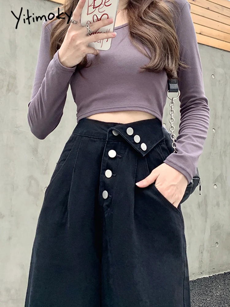

Женские винтажные джинсы Yitimoky, широкие брюки с высокой талией и регулируемыми пуговицами, уличная одежда в Корейском стиле ретро, модель Y2K, ...