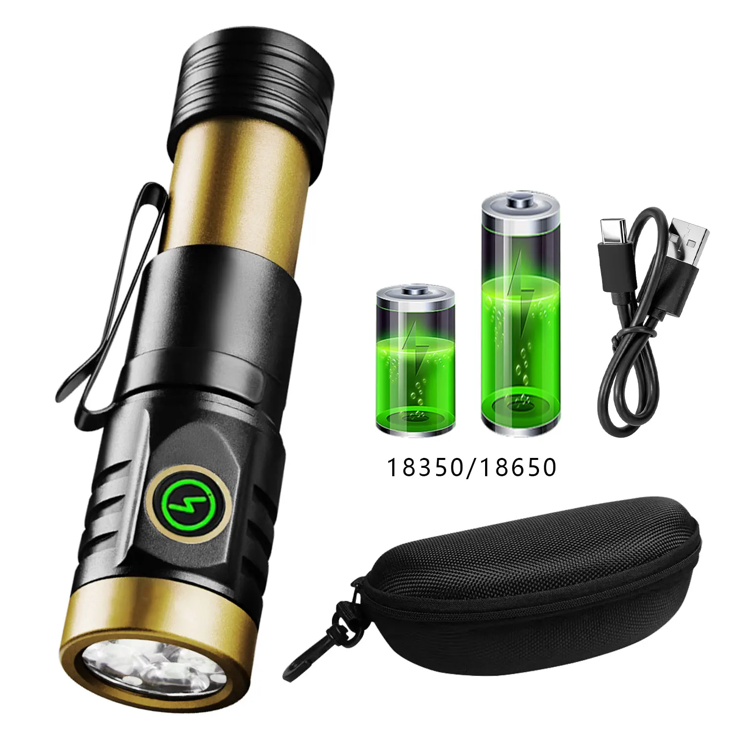 Светодиодный перезаряжаемый фонарик 2000LM, алюминиевый, с магнитом и зажимом