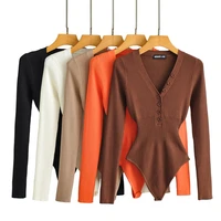 women long sleeve v neck buttons bodysuit solid color elastic slim waist jumpsuits 2021 sexy tops women fashion