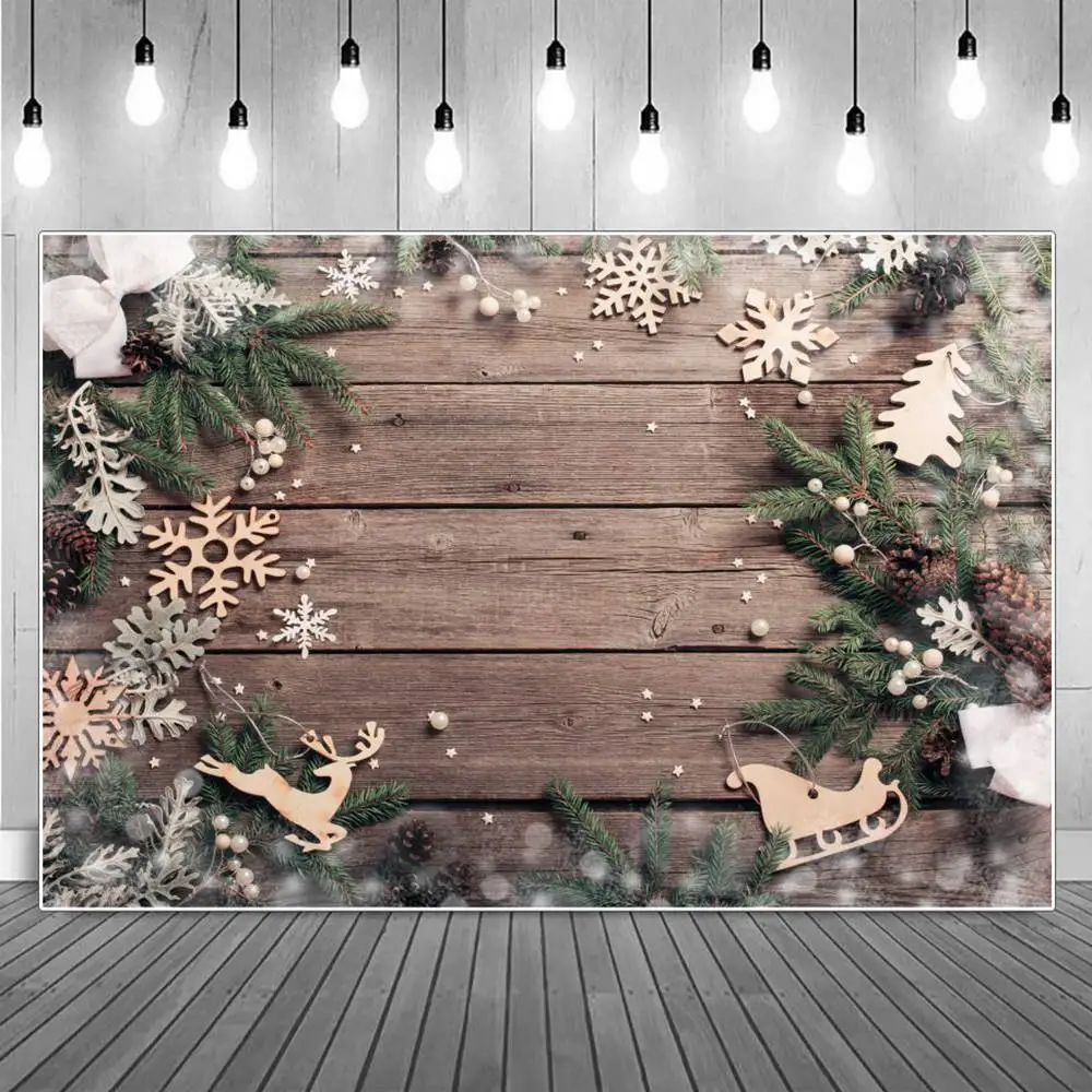 

Christmas Pine Cone Leaves Snowflakes Wooden Board Planks Photography Backdrops Custom Baby Party Decoration Photo Backgrounds