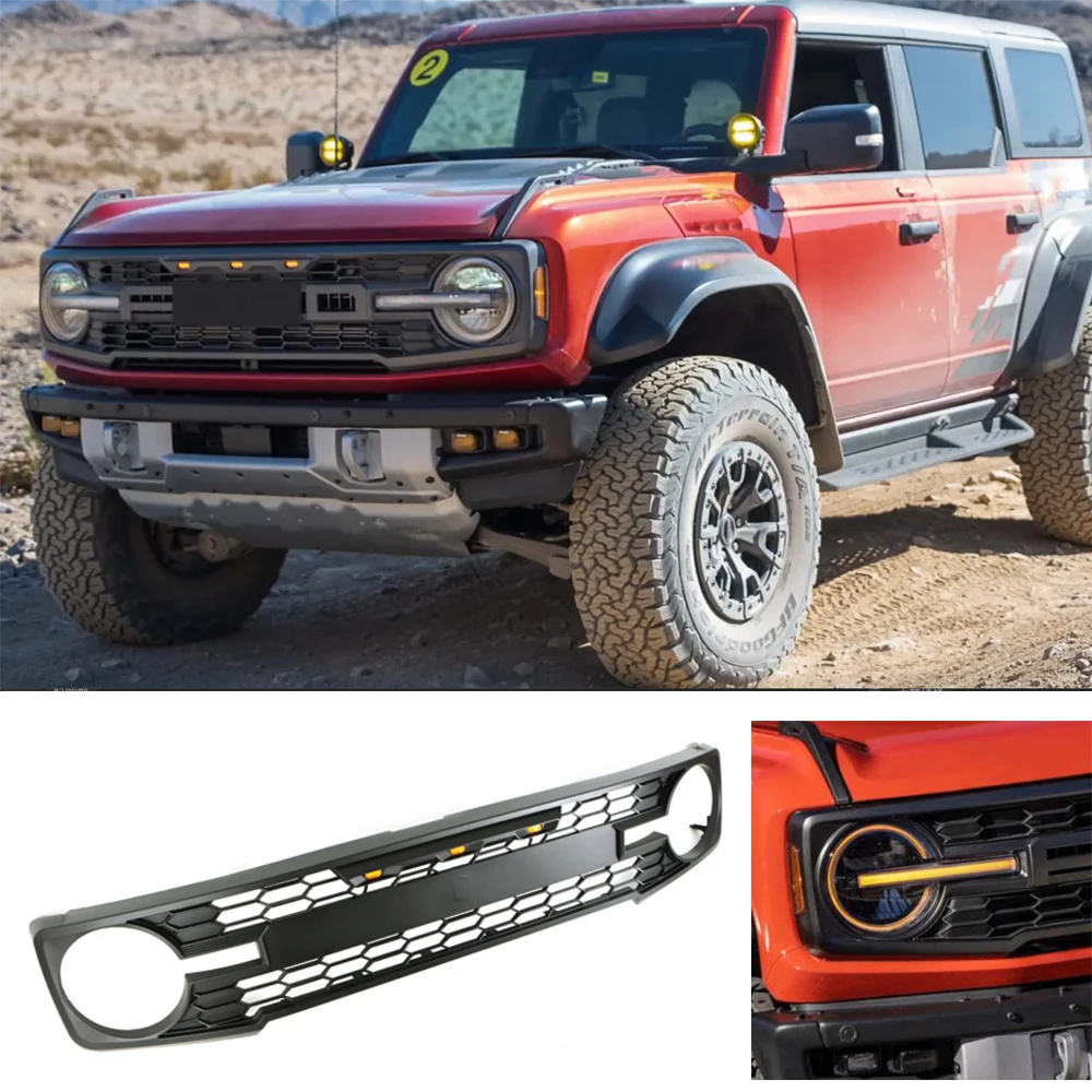 Фото Передняя решетка для Ford Bronco Raptor Style 2022-2024, решетка бампера со светодиодными фонарями, детали для модификации внедорожников на открытом воздухе №4