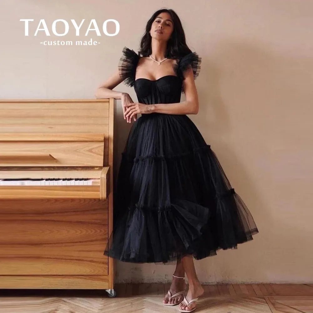

Simple Black Tulle A-Line Prom Dress Strap Sweetheart Bone Tea Length Evening Party Gowns Women Event Gown Outfit Robe De Soirée
