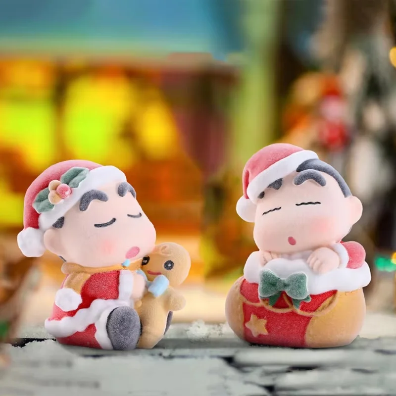 Crayon Shin-Chan Christmas Series Blind Box Flocking Kawaii Figures Collectable Doll Toys Desktop Ornaments Holiday Gift