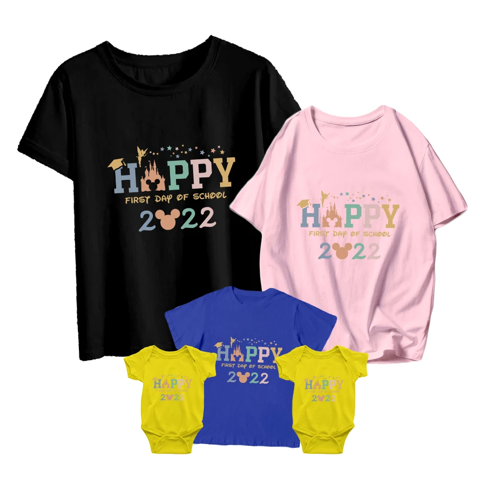 

School Season Summer Short-sleeved T-shirt 2022 Parent-child Wear Disney Mickey Head Fashion Casual Adult Unisex Girl Boy Baby