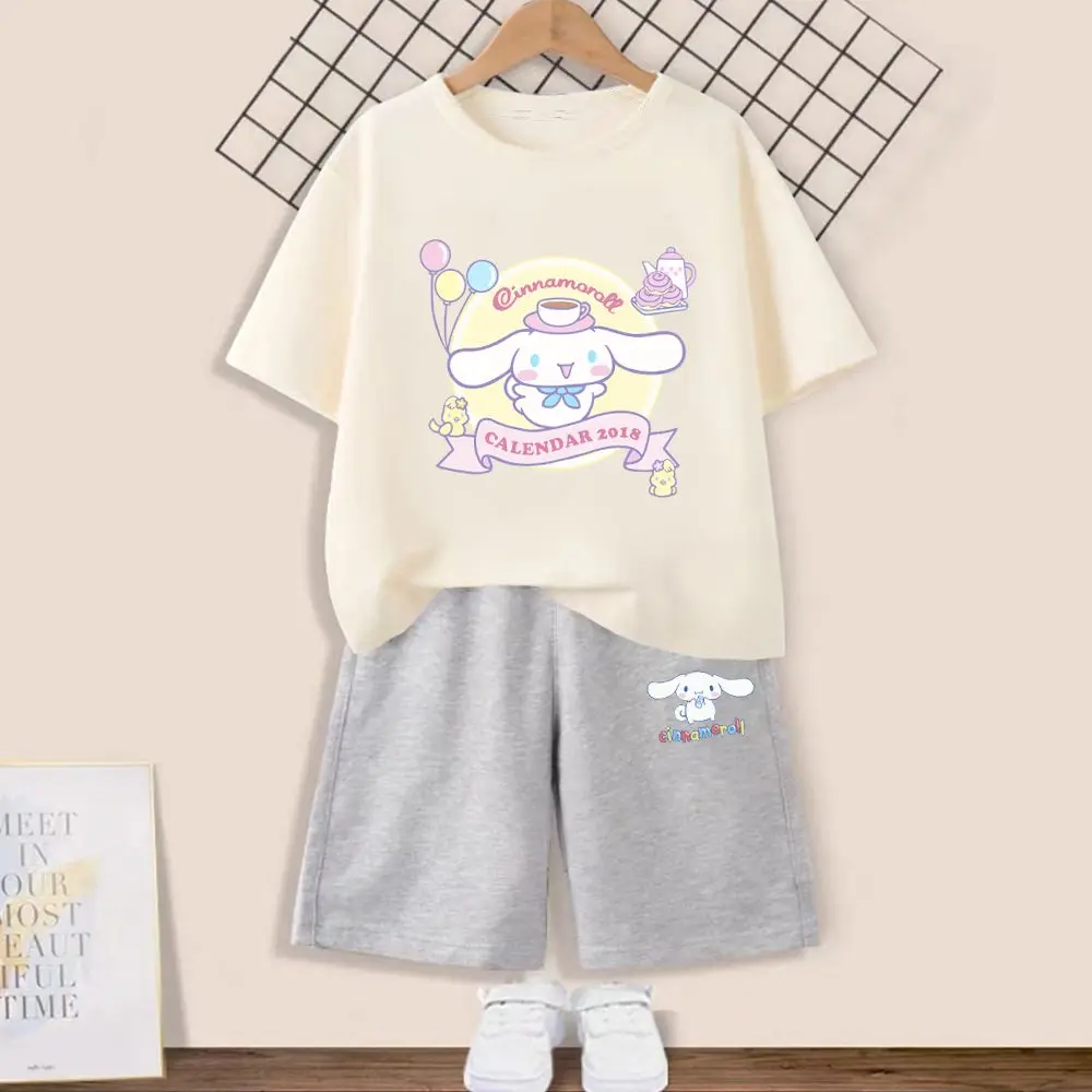 

Kawaii Cinnamoroll Летний Тонкий комплект для девочек, детская одежда для начальной школы, шорты с коротким рукавом, свободные шорты с коротким рука...