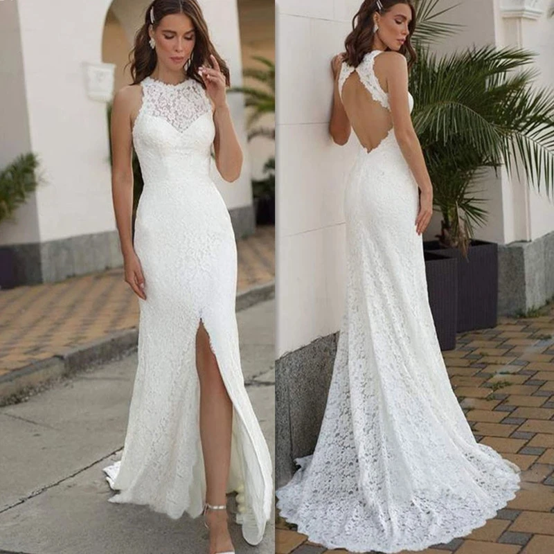 

Fashion Backless Mermaid Lace Wedding Dress 2022 Off Shoulder Slit Bridal Dress Sleeveless Pleats Floor Length Robe De Mariée