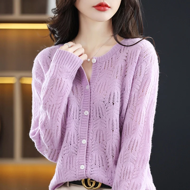 

100%Wool Cashmere Sweater Autumn Winter Women Clothing Single Breasted Cardigan Solid Long Sleeve O-neck Oversize Hollow Out Top