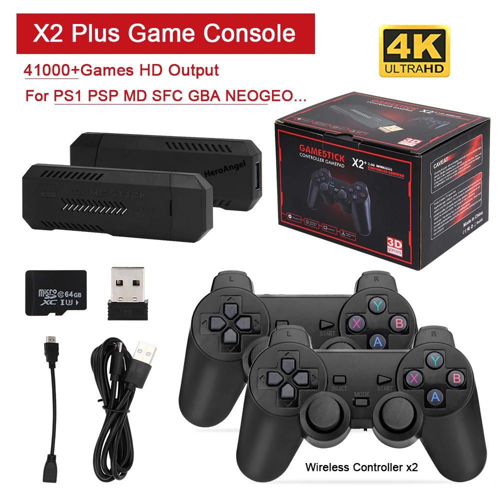 NEW X2 Plus 4K Gamestick Retro Video Game Console 2.4G Wireless Controller HD EmuELEC4.3 System Over 30000/40000 Games Build-In
