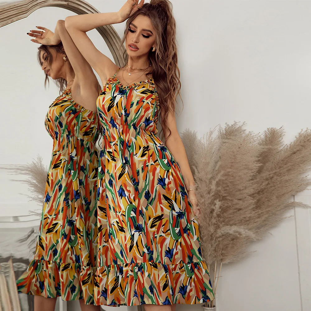 

Casual Beach Bohemian Maxi Dresses For Women Summer 2022 Fashion Spaghetti Straps Vintage Floral Print Backless Midi Dress