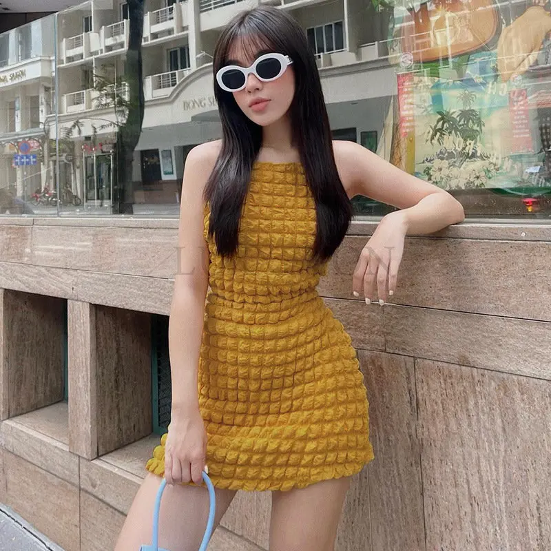 

Women 2 Pieces Skirt Suits Summer Sexy Solid Matching Sets Sleeveless Crop Tank Tops+Ruched Mini Skirts
