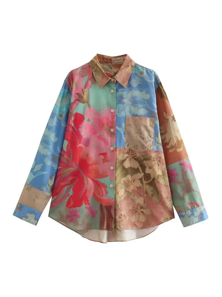

MESTTRAF Женская мода Y2K лоскутный принт свободные рубашки винтажные с длинным рукавом передние пуговицы женские рубашки Блузы шикарные топы