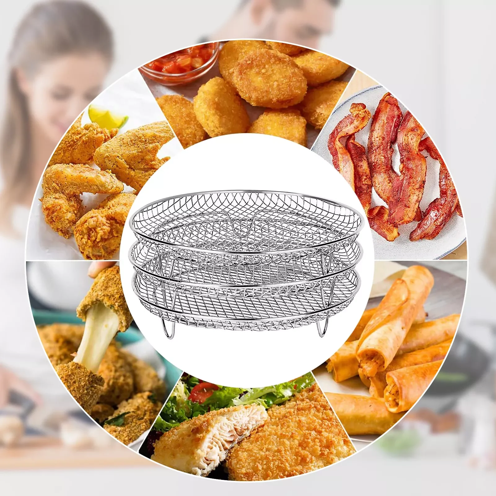 

Air Fryer Rack Three Stackable Dehydrator Racks Oven Air Fryer Accessories Compatible With Pressure Cooker And Air Fr