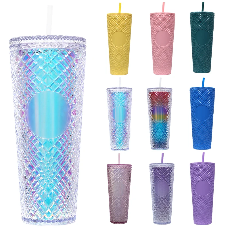 

710ml Large Capacity Coffee Cup Summer Reusable Diamond Goddess Coffee Cups Bilayer Plastic Straw With Lid Drink Cup