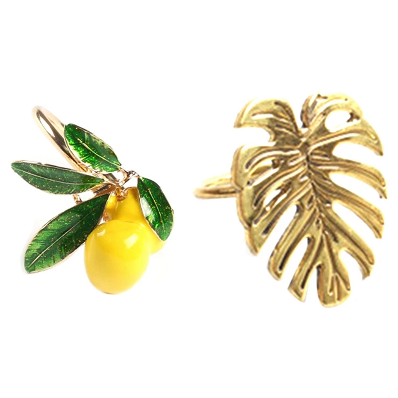 

12Pcs Napkin Ring Napkin Ring Table Decoration Gold For Wedding Dinner Party - 6Pcs Lemon & 6Pcs Turtle Leaf