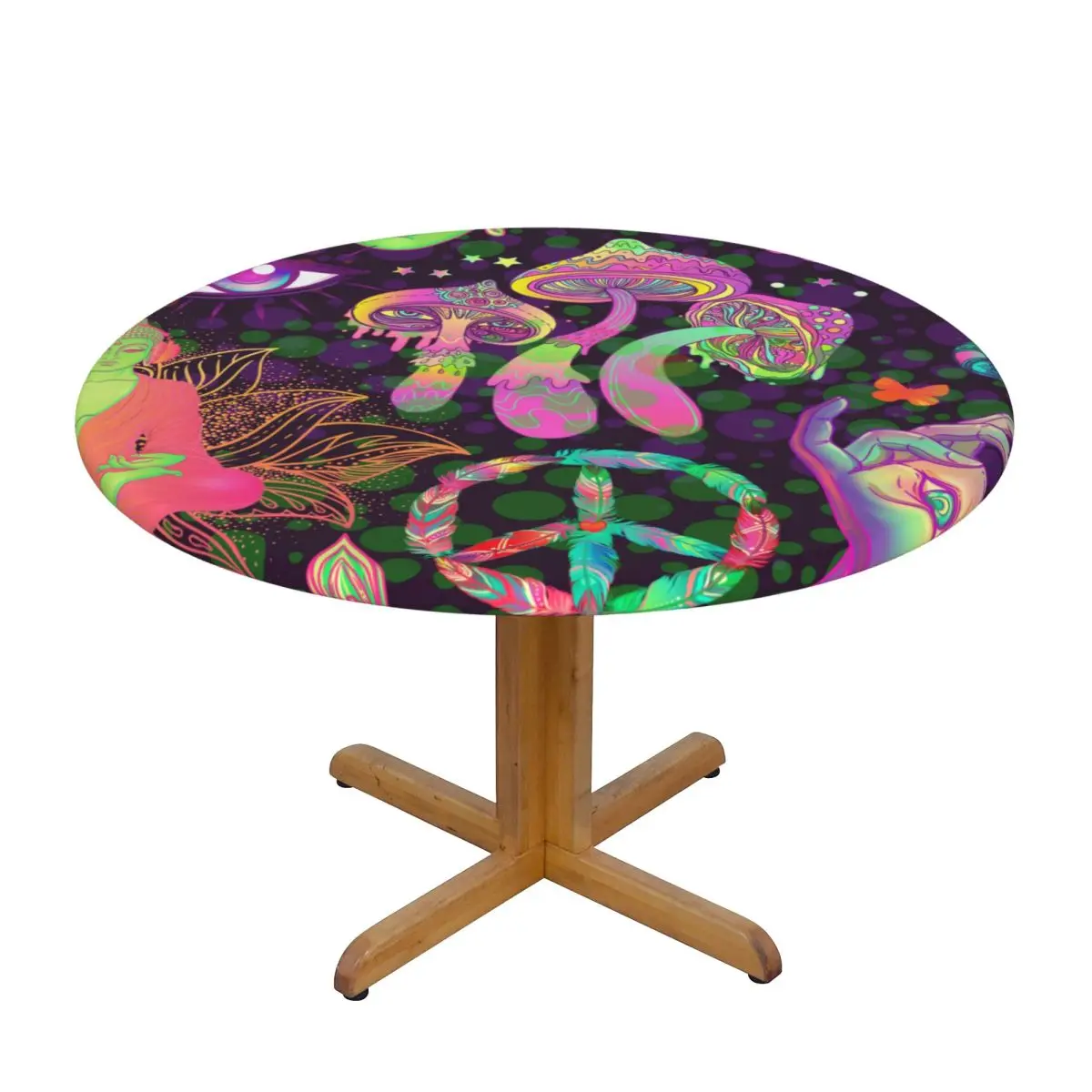 

Fitted Round Tablecloth Protector Soft Table Cover Trippy Mushrooms Peace Sign Butterflies Anti-Scald Plate Kitchen Tablemat