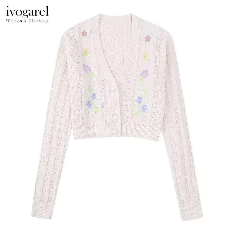 

Ivogarel Women's Cropped Floral Knit Cardigan V-Neck with Long Sleeves Buttoned Crop Sweater Top Female Cashmere, Traff Style