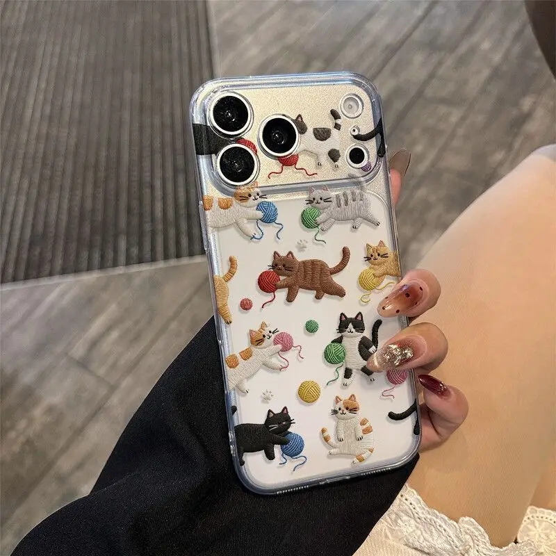 Фото Прозрачный ультратонкий чехол для iPhone 17 16 15 14 13 Pro Max с милым вышитым узором в виде кошки и шарика, матовый, в стиле Y2K №3