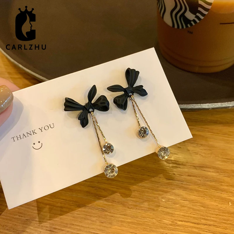 

Black Bowknot Rhinestone Tassel Drop Earrings for Women Fashion Simple Clip Earring Non Piercing Gift Jewelry Accessories