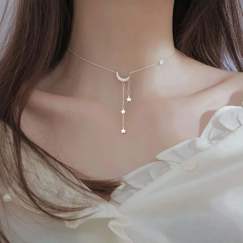 

Moon Star Tassel Necklace Flash Diamond Star Moon Collarbone Chain Female Temperament Niche Design Trend Female Necklace