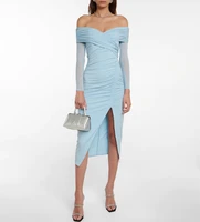 sexy off the shoulder dress 2022 autumn v neck backless long sleeve light blue women split midi bodyon dress