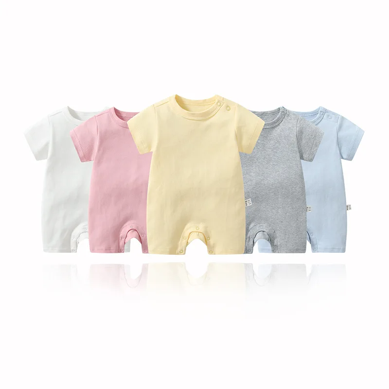 Baby Newborn Summer 0-24 Months Short Sleeve Shoulder Button Flat Corner Crawling Suit Cotton Solid Color Onesie