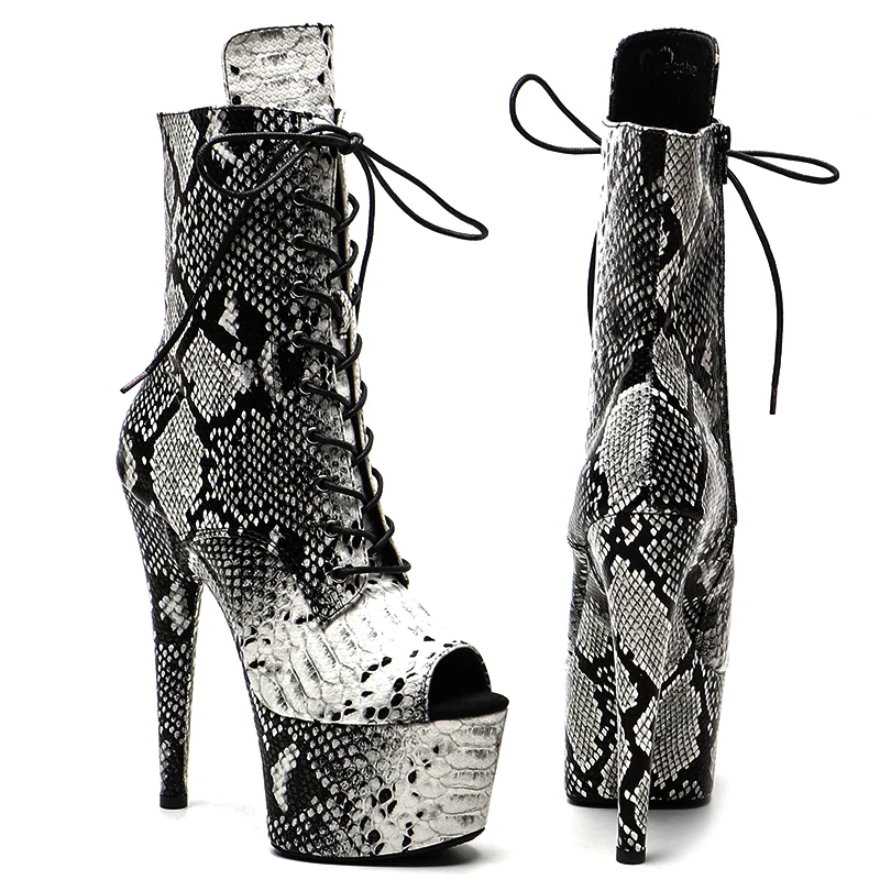 Leecabe  17CM/7inches Snake PU Upper  High Heel platform Boots Open  toe Pole Dance boots