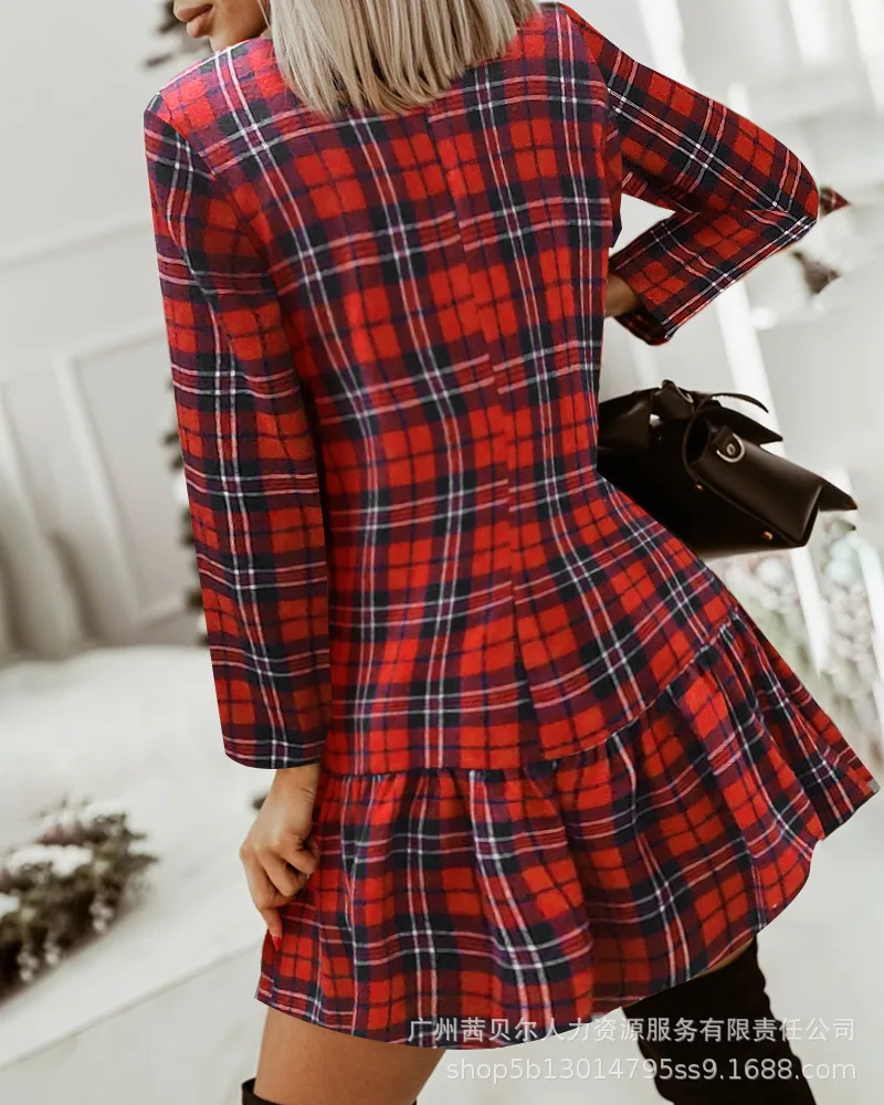 

Women's New Red Plaid Long Sleeve Dress - Non-Positioning Printed Casual High Street Party Spring and Autumn Dresses Female 2022