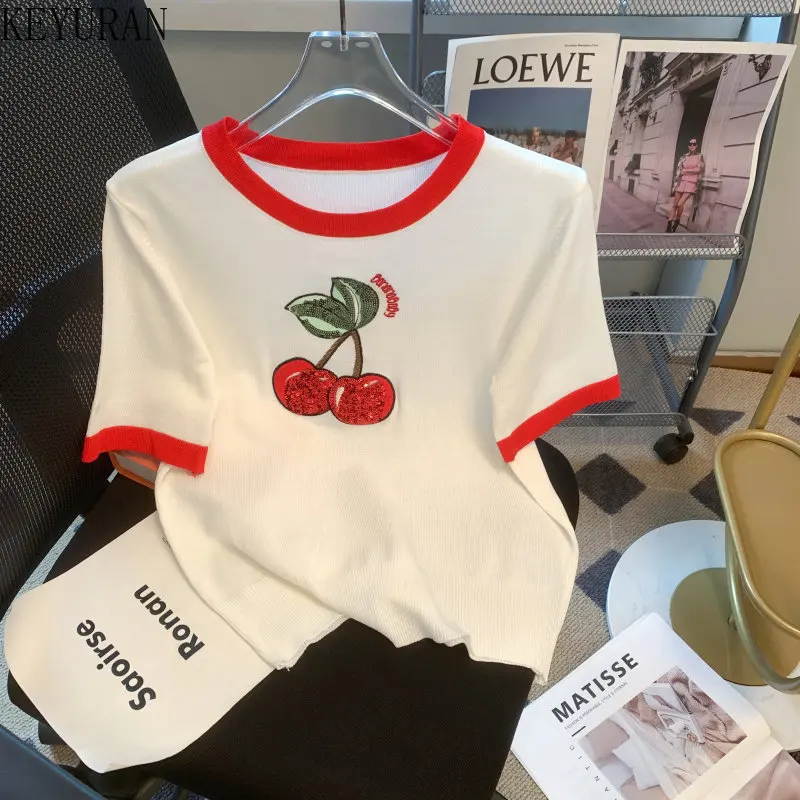 

Женский трикотажный свитер из вискозы, тонкая футболка с короткими рукавами и вышивкой из блесток вишни, лето 2023