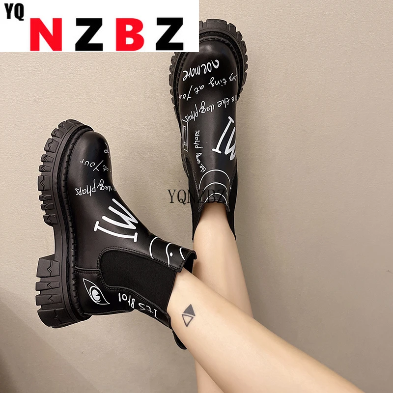 

Демисезонные ботинки из натуральной кожи, новинка 2022, повседневные Ботинки Челси в британском стиле с толстой подошвой, средней длины, с гра...