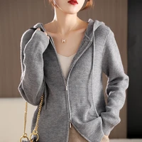 spring and autumn womens casual knitted solid color double zipper hooded long sleeved fashion all match korean wool cardigan