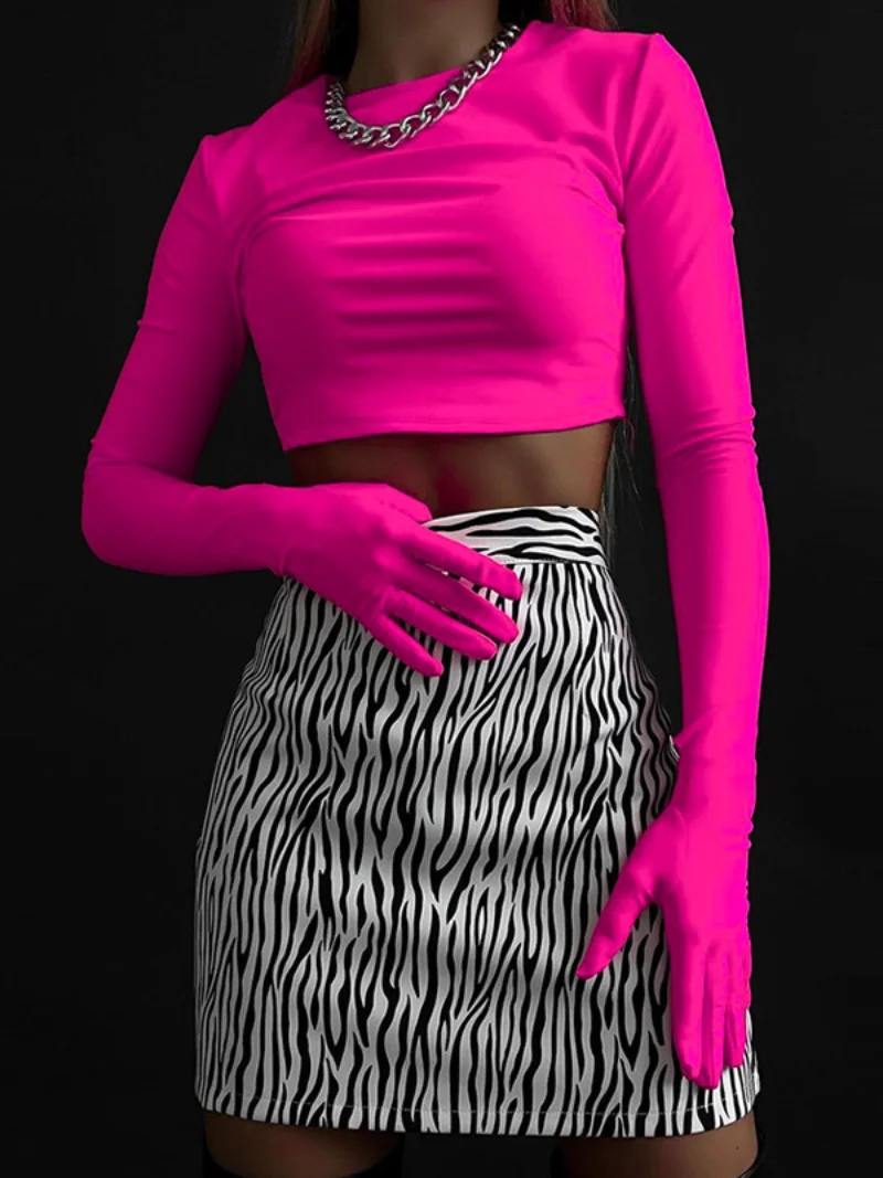 

Fashion O-neck Long Sleeve Gloves T-shirts Night Club Outfit Woman 2023 Fall Female Solid Crop Top Streetwear Short Tee Shirt