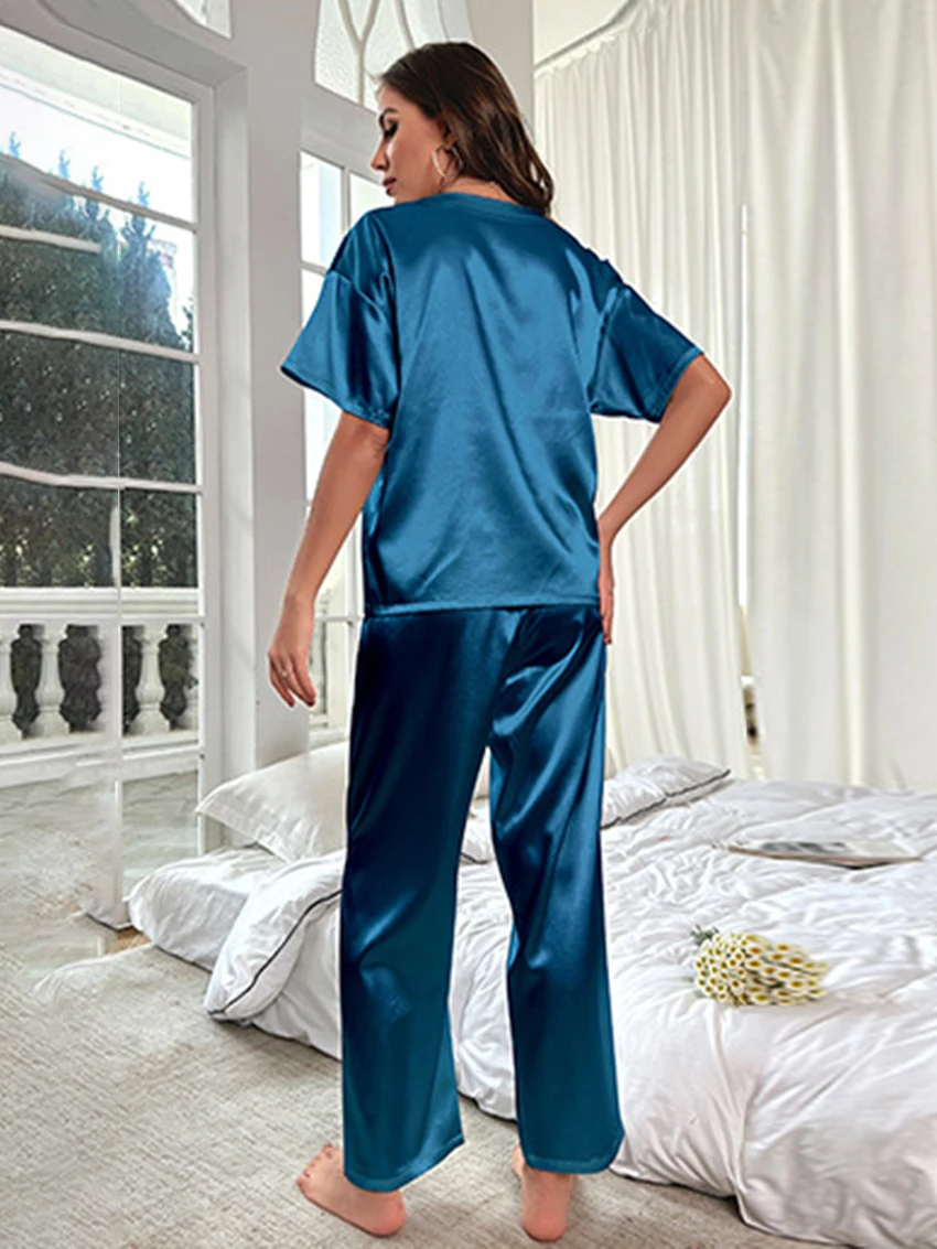 Marthaqiqi Satin Women'S Pajamas Sets Short Sleeve Sleepwear O-Neck Nightwear With Wide Leg Pants Fashion Femme Home Clothes
